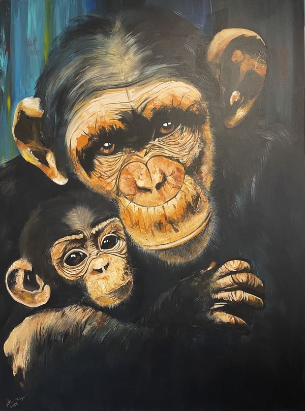 Mother and Child — Acrylic, 30×40 in · Inspired by the documentary Chimp Crazy · Available — inquire