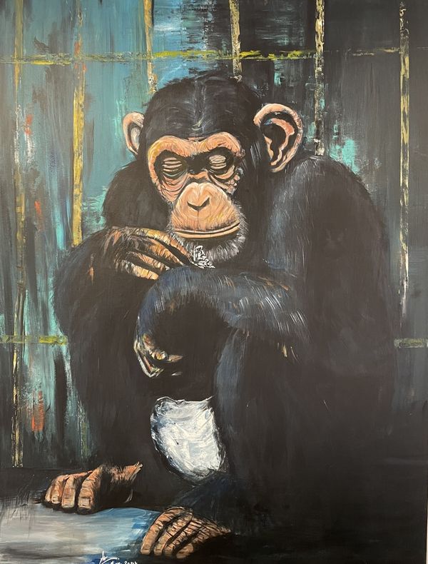 Seated Chimpanzee — Acrylic, 30×40 in · Inspired by the documentary Chimp Crazy · Available — inquire